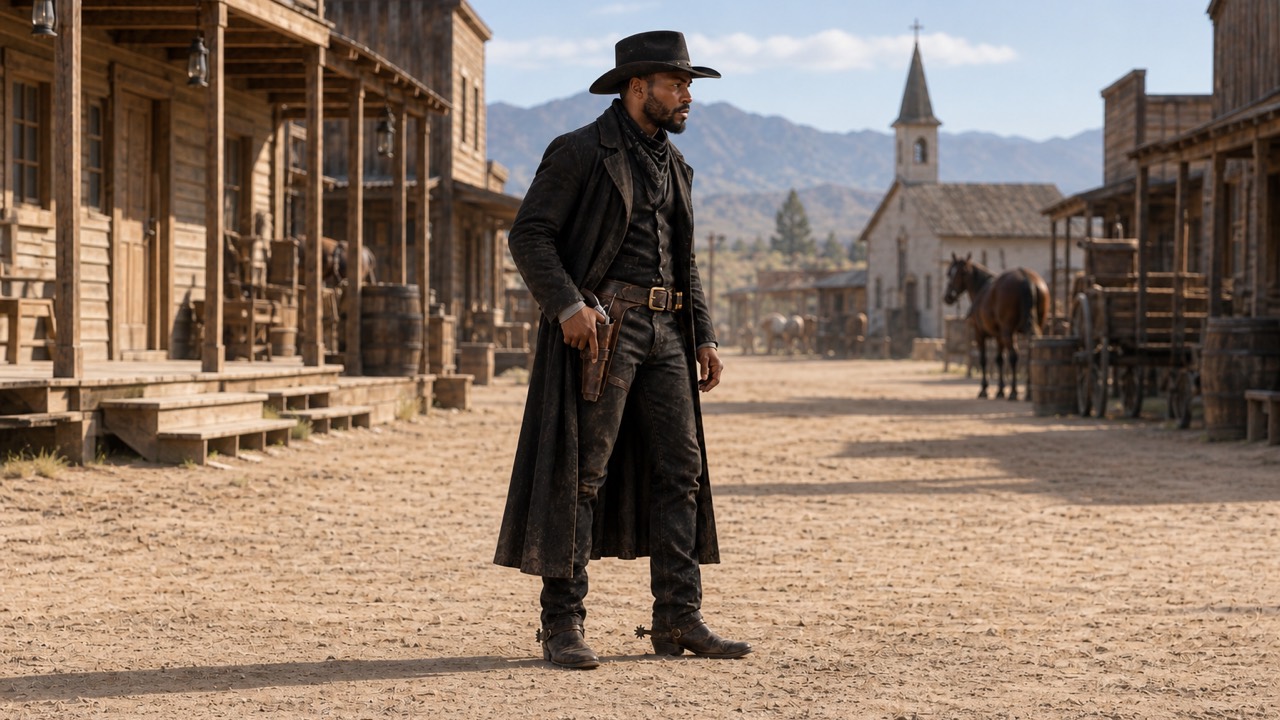 The same gunslinger in a wide shot on main street